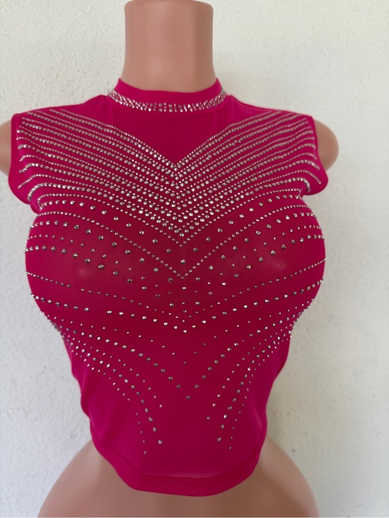 Miao miao Tops - Rhinestone-Embellished Hot Pink Mock Neck Camisole